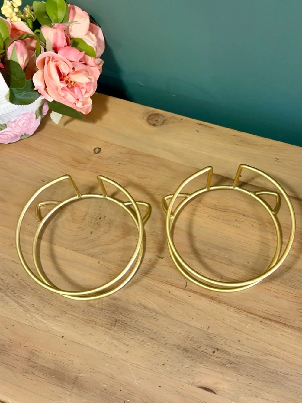 Gold Cat Ear Bowl Stand Set Pet Feeder Planter Holder Cute Metal